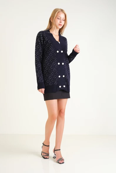 Kadın Çift Düğmeli Triko Hırka Lacivert - 4