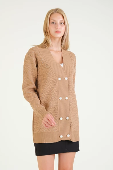 Kadın Çift Düğmeli Triko Hırka Vizon - 3