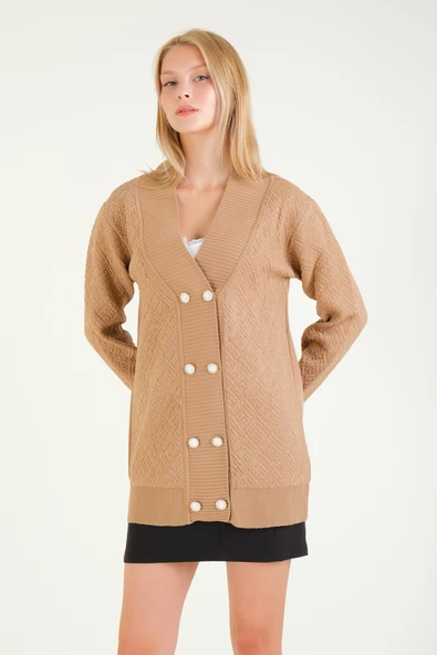 Kadın Çift Düğmeli Triko Hırka Vizon - 4