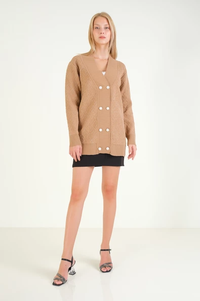 Kadın Çift Düğmeli Triko Hırka Vizon - 5