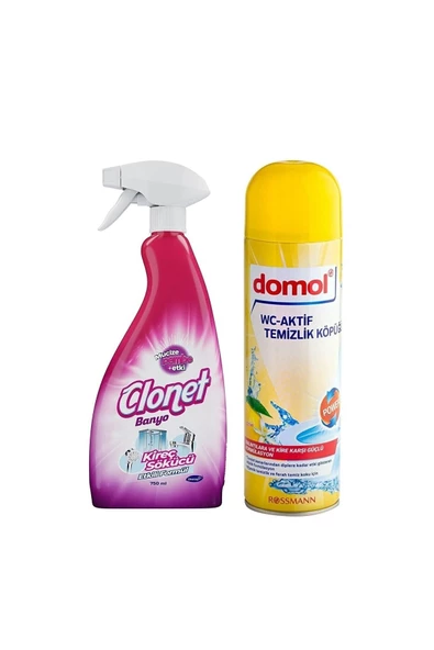 DOMOL DOMOL Tuvalet Temizleme Köpüğü Limon 500 ml Clonet Banyo Kireç Sökücü Sprey 750 ml Banyo Set