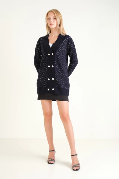 Kadın Çift Düğmeli Triko Hırka Lacivert - 5