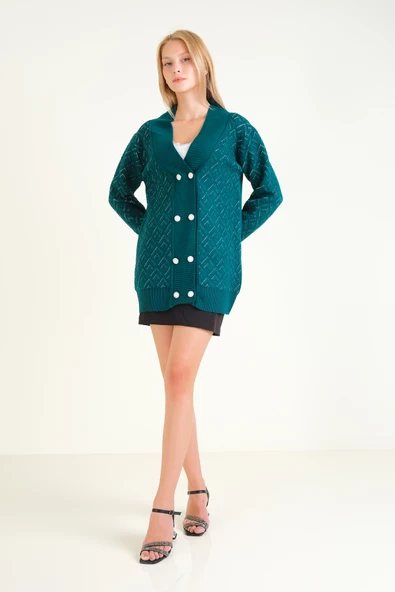 Kadın Çift Düğmeli Triko Hırka Zümrüt - 5