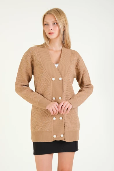 Kadın Çift Düğmeli Triko Hırka Vizon - 2