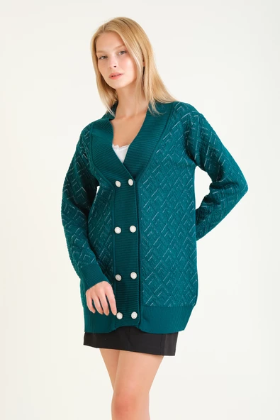 Kadın Çift Düğmeli Triko Hırka Zümrüt - 3