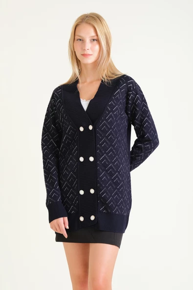 Kadın Çift Düğmeli Triko Hırka Lacivert - 2