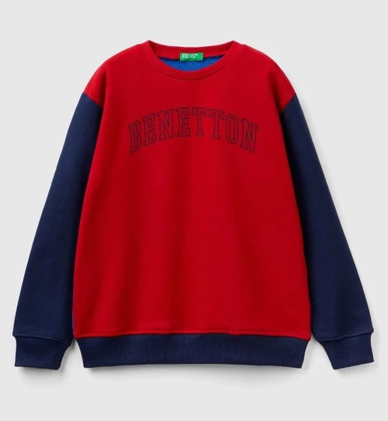 United Colors of Benetton Erkek Çocuk Mix Slogan Baskılı Renk Bloklu Sweatshirt Kırmızı Mix