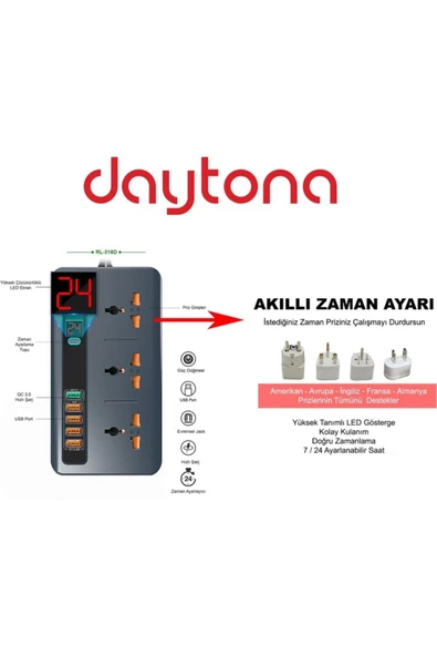 Daytona Rl-316d Akıllı Priz Termal Akım Ve Isınma Korumalı 5 Usb 5v-3.4a Qc3.0 Girişli Led Ekran