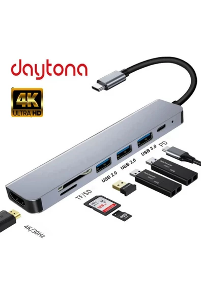 Daytona CF-17 Type-C To 3*usb 3.0 4K Ultra Hd HDMI Sd Tf Kart Girişli 7ın1 Çevirici Hub Adaptör