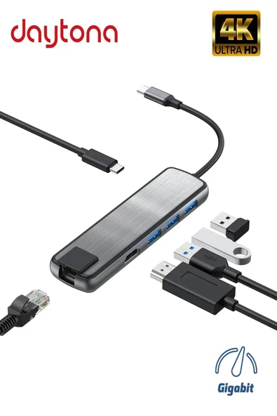 Daytona Tc-090 Type-c To 3* Usb 3.0 4k Ultra Hd Hdmı Rj45 Gigabit Ethernet Pd Şarj Çevirici Hub