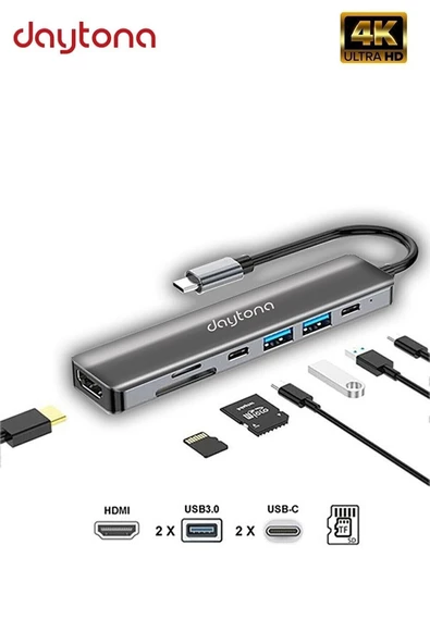 Daytona Cf08 Macbook Uyumlu Type-c To 4k 1080p Uhd Hdmı Type-c Pd Şarj 2* Usb3 Çevirici Hub Adaptör