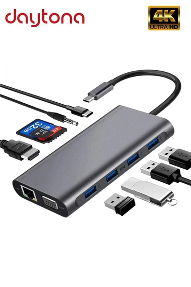 Daytona Cf31 Type-c™ Usb-c To 4**usb3.0 4k Hdmı Vga 1000 Mbps Rj45 Pd Aux Sd Tf Kart 11ın1 Çevirici