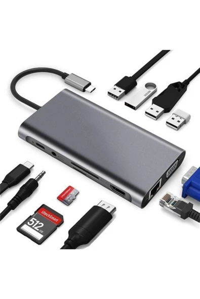 Daytona Fc-09 Type-c To Hdmı Rj45 Sd Kart Usb 3.0 X 2 Vga Macbook Uyumlu 11ın1 Çevirici Adaptör - 3