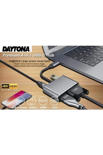 Daytona Cf02 4in1 Macbook Uyumlu Type-c To 4k Hdmı/vga/pd Şarj/usb3.0 Hub Adaptör - 4