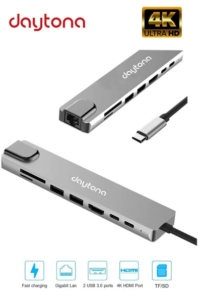 Daytona Fc-10 8ın1 Type-c To 4k Hdmı 1080p 2Xtype-c 2Xusb 3.0 Ethernet Lan 2Xsd Adaptör - 2