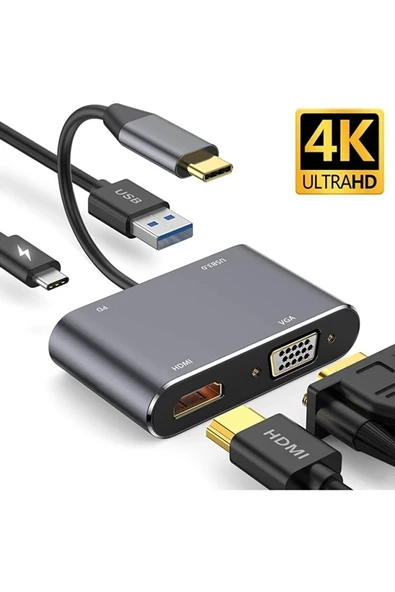 Daytona Cf02 4in1 Macbook Uyumlu Type-c To 4k Hdmı/vga/pd Şarj/usb3.0 Hub Adaptör