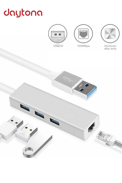 Daytona Fc06 3 Bağlantı Noktalı Usb 3.0 10/100 Ethernet Kablolu Çoklayıcı Adaptör