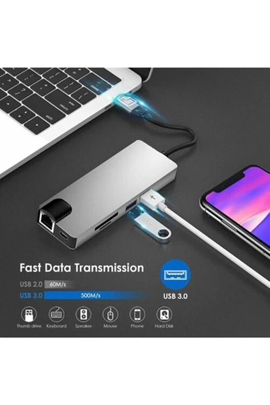 Daytona Fc09 Type-c To Hdmı Rj45 Type-c Sd Kart Usb 3.0 X 2 Vga Macbook Uyumlu 8in1 Çevirici Adaptör - Resim 5