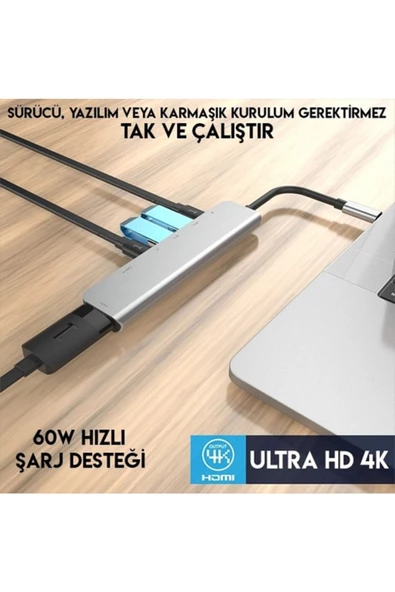 Daytona Cf08 Macbook Uyumlu Type-c To 4k 1080p Uhd Hdmı Type-c Pd Şarj 2 Usb3 Çevirici Hub Adaptör - 4