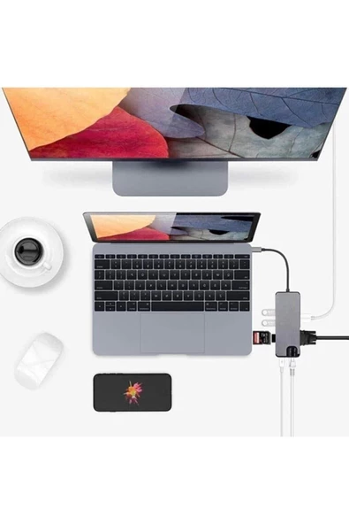 Daytona Fc09 Type-c To Hdmı Rj45 Type-c Sd Kart Usb 3.0 X 2 Vga Macbook Uyumlu 8in1 Çevirici Adaptör - Resim 3