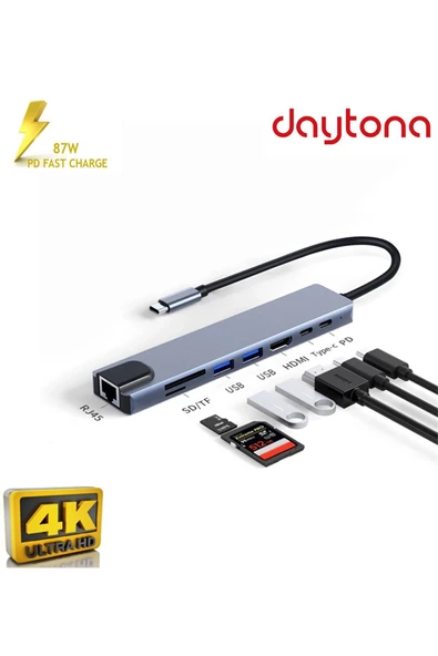 Daytona Cf04 Macbook Uyumlu Type-c To 4k Hdmı Usb 3.0 Ethernet 8ın1 Çevirici Hub Adaptör