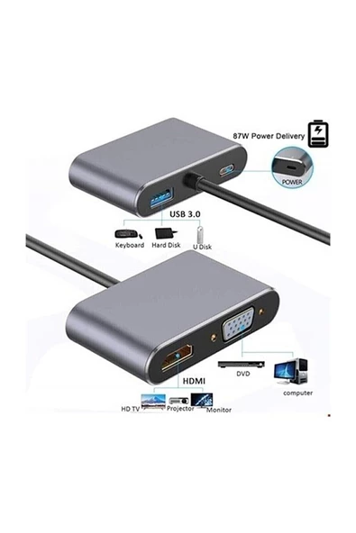 Daytona Hc-11 /fc02 Macbook Uyumlu Type-c To Usb 3.0 1080p 4k Hdmı Vga Pd Aux Ses Girişli Çevirici Adaptör - 3