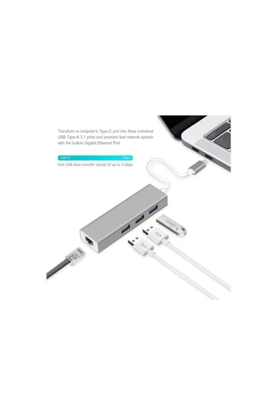 Daytona Fc05-g Type-c To 3 X 3.0 Usb Rj45 Gigabit 1000mbps Lan Ethernet Çevirici Macbook Uyumlu - 2