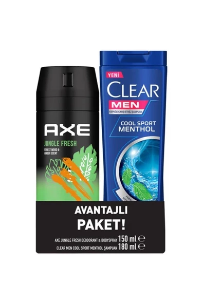 AXE Jungle Fresh 150 Ml  Erkek Sprey Deodorant + Saç Bakım Şampuanı Cool Sport Menthol 180 8683130046142