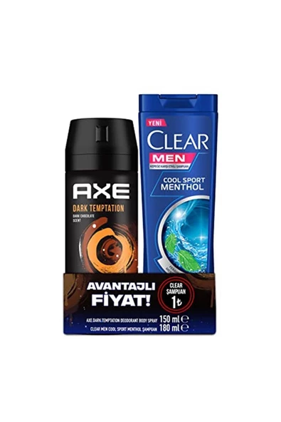 AXE Deodorant Body Spray Dark Temptation 150 Ml + Clear Men Şampuan Cool Sport Menthol 180 Ml