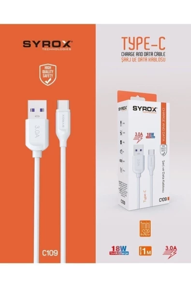 SYROX C109 Type-C Girişli 18W 3.0A Hızlı Şarj Ve Data Kablosu