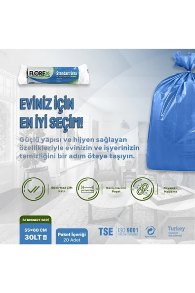 FLOREX Standart Orta Boy Mavi Çöp Poşeti X 5 Rulo - 2