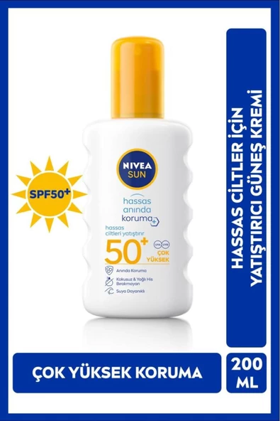 NIVEA NIVEA SUN Yüksek Güneş Koruyucu Sprey 200ml, Hassas Ciltler İçin Yatıştırıcı, UVA Koruması, Anında Koruma