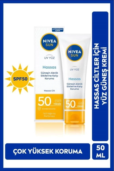 NIVEA NIVEA SUN Hassas Yüz Güneş Kremi 50ml, Hassas ve Alerjik Ciltler, SPF50 Yüksek Koruma, UVA UVB Koruması