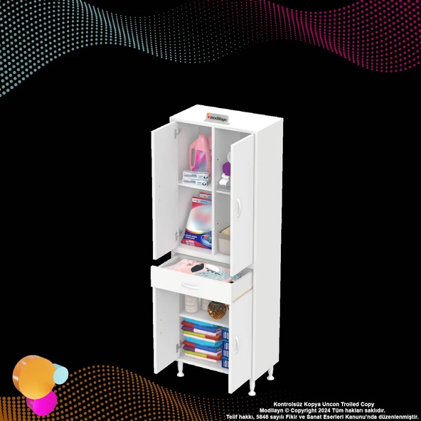 Modilayn YENİ AFRA 60x173x32,5 cm 1 Çekmece 4 Kapak 3 Raf 6 Bölme Çok Amaçlı Banyo & Mutfak Dolabı  - 7