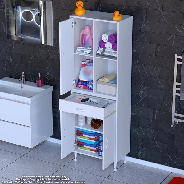 Modilayn AFRA 60x173x32,5 cm 1 Çekmece 3 Kapak 3 Raf 6 Bölme Çok Amaçlı Banyo & Mutfak Dolabı 