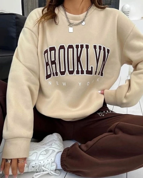 Kadın Bisiklet Yaka Brooklyn Baskılı üç Iplik Kumaş Sweat