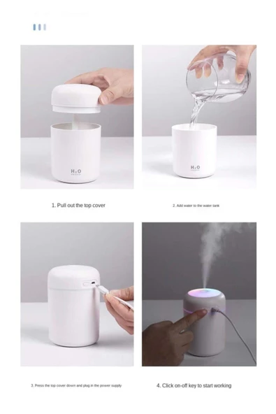 H2o Humidifier 300 ml Ulrasonik Hava Nemlendirici Buhar Makinesi Ve Aroma Difüzörü - 3