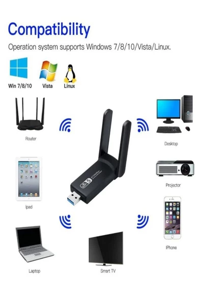 Dual Band Usb 3.0 Adaptör Kablosuz Wifi Alıcı AC1300 Mbps - Güncel Sürüm - 5
