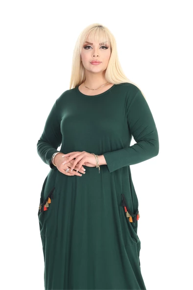 Melsay Butik Püsküllü Cepli Kadın Uzun Kollu Zümrüt Yeşili Tesettür Elbise - Resim 3