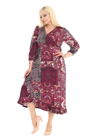 Melsay Butik Kruvaze Yaka Bordo Etnik Desen Anvelop Etek Midi Elbise - 3