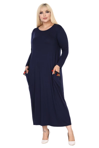 Melsay Butik Püsküllü Cepli Kadın Uzun Kollu Lacivert Tesettür Elbise ürün görseli