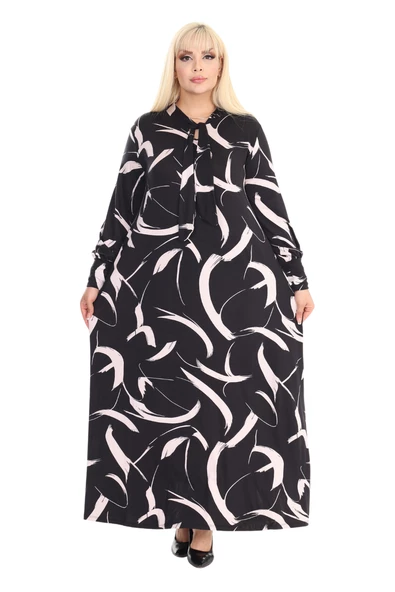 Melsay Butik Fularlı Beyaz Tüy Desen Uzun Kollu Büyük Beden Kadın Elbise - 2