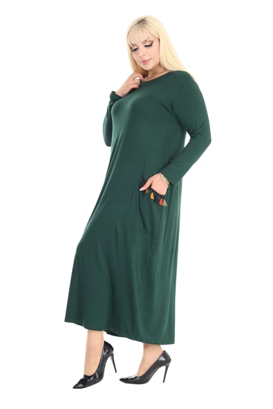 Melsay Butik Püsküllü Cepli Kadın Uzun Kollu Zümrüt Yeşili Tesettür Elbise - Resim 4