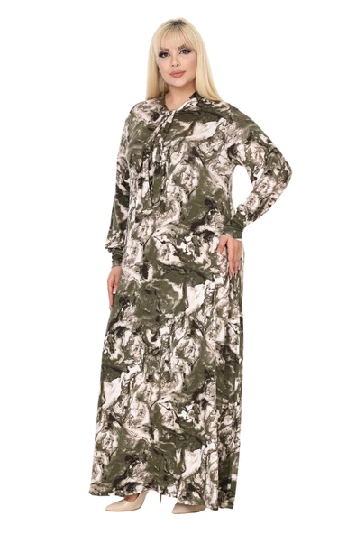 Melsay Butik Fularlı Yeşil Batik Desen Uzun Kollu Büyük Beden Kadın Elbise - Resim 4