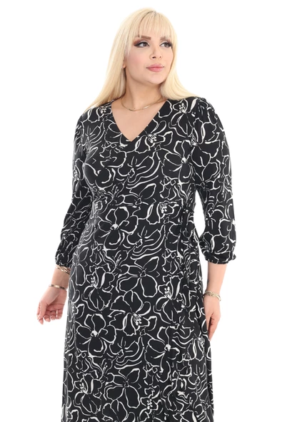 Melsay Butik Kruvaze Yaka Siyah Çiçek Desen Anvelop Etek Midi Elbise - Resim 6