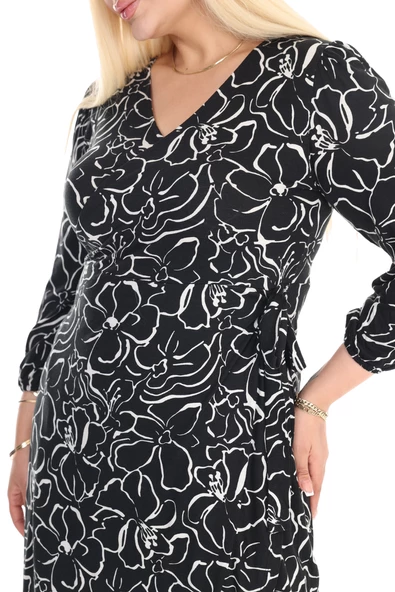 Melsay Butik Kruvaze Yaka Siyah Çiçek Desen Anvelop Etek Midi Elbise - Resim 5