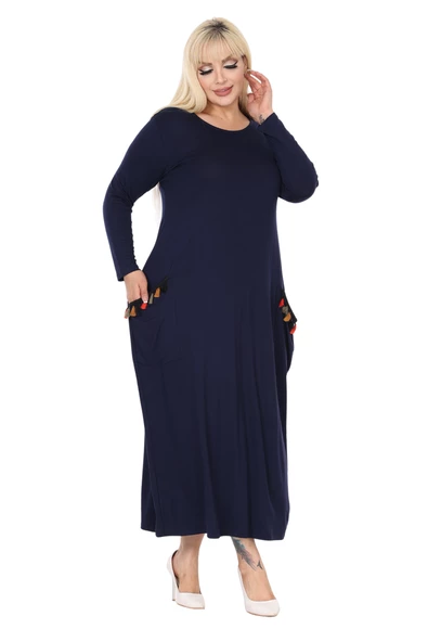 Melsay Butik Püsküllü Cepli Kadın Uzun Kollu Lacivert Tesettür Elbise - Resim 5