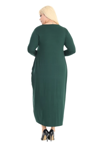 Melsay Butik Püsküllü Cepli Kadın Uzun Kollu Zümrüt Yeşili Tesettür Elbise - Resim 6