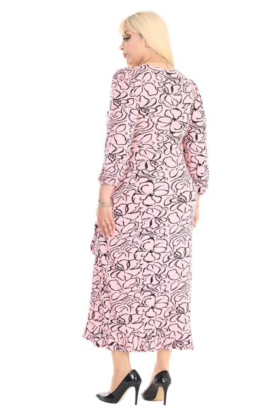 Melsay Butik Kruvaze Yaka Vizon Çiçek Desen Anvelop Etek Midi Elbise - Resim 6