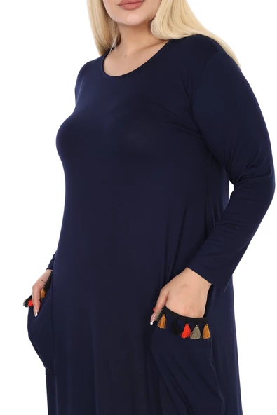 Melsay Butik Püsküllü Cepli Kadın Uzun Kollu Lacivert Tesettür Elbise - Resim 6